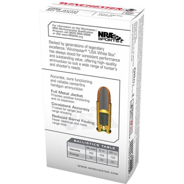 Winchester USA Handgun Ammunition .25 ACP 50 gr FMJ 50/ct - Precision Shot Firearms