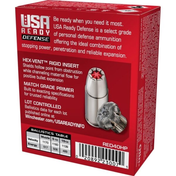 Winchester USA Ready Hex Vent Hollow Point Handgun Ammunition .40 S&W 155 gr PT 1170 fps 20/ct - Precision Shot Firearms