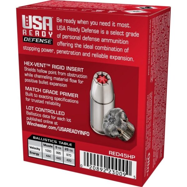 Winchester USA Ready Hex Vent Hollow Point Handgun Ammunition .45 ACP 200 gr PT 1000 fps 20/ct - Precision Shot Firearms