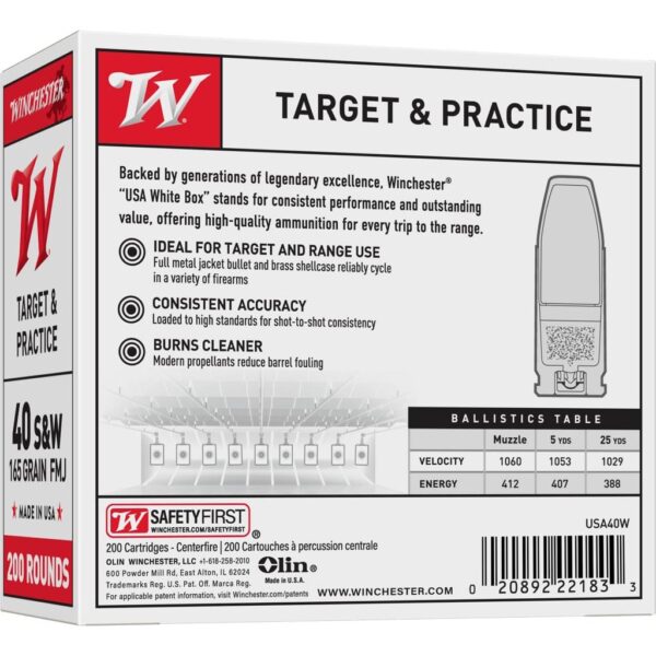 Winchester Target Handgun Ammunition .40 S&W 165 gr. FMJ 1060 fps 200/ct - Precision Shot Firearms