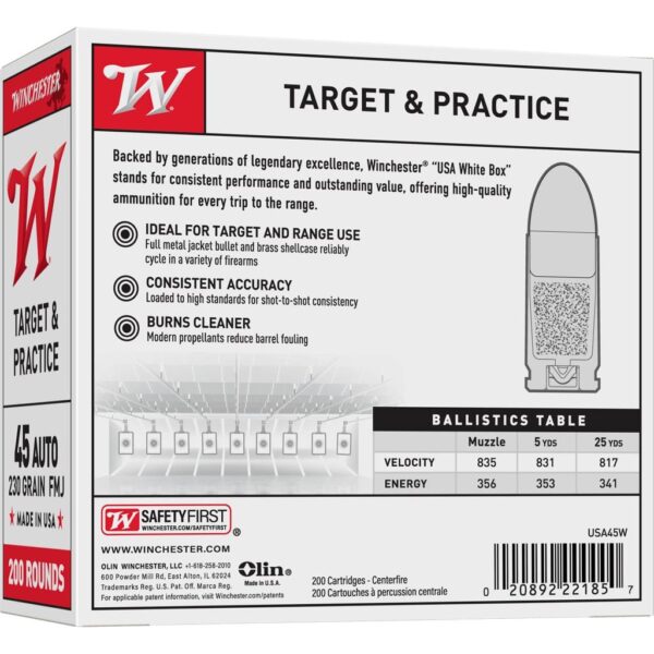 Winchester USA Handgun Ammunition .45 ACP 230 gr. FMJ 835 fps 200/ct - Precision Shot Firearms