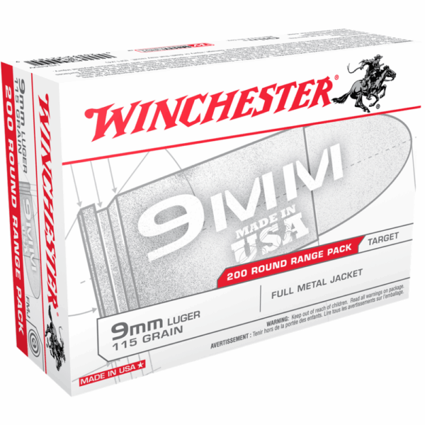 Winchester USA Handgun Ammunition 9mm Luger 115 gr. FMJ 1190 fps 200/ct Bulk - Precision Shot Firearms