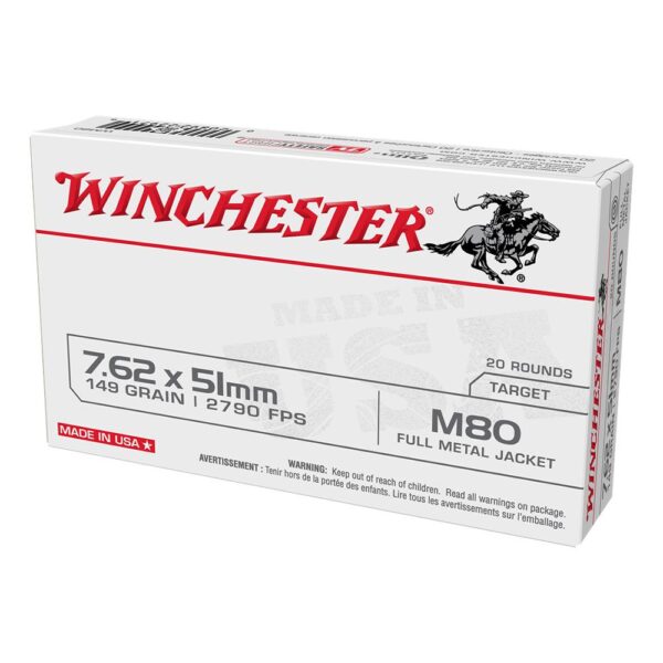 Winchester USA Lack City M80 Rifle Ammunition 7.62x51mm M80 149 gr. FMJ 2790 fps 20/ct - Precision Shot Firearms