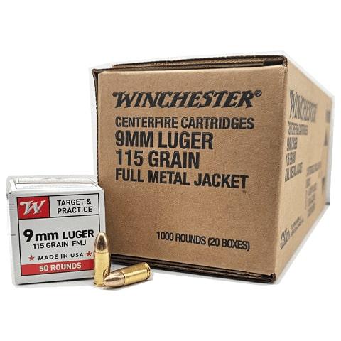 Winchester USA Target & Practice Handgun Ammunition 9mm Luger 115gr FMJ 1190 fps 1000/ct Case (20-50/ct Boxes) - Precision Shot Firearms