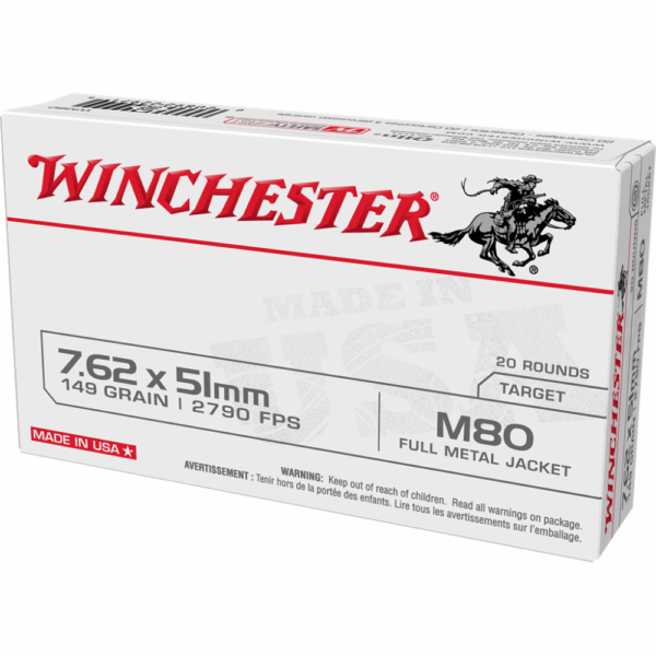 Winchester USA Lake City M80 Rifle Ammunition 7.62x51mm 149 gr. FMJ 2790 fps 20/ct - Precision Shot Firearms