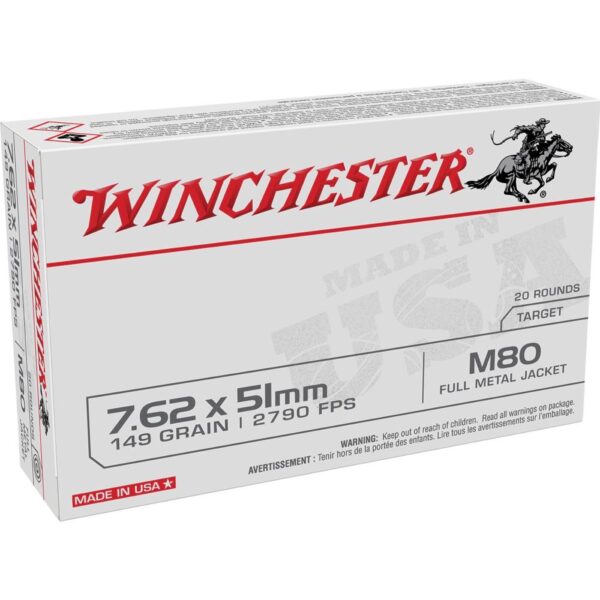 Winchester USA Lake City M80 Rifle Ammunition 7.62x51mm 149 gr. FMJ 2790 fps 500/ct - Precision Shot Firearms
