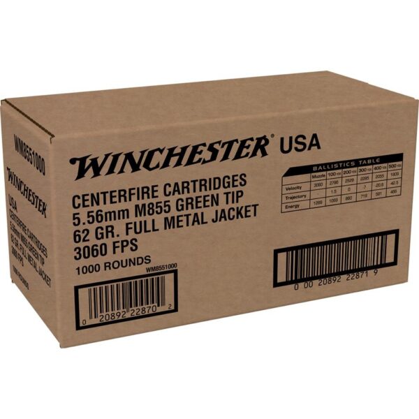Winchester USA Lake City M855 Green Tip Rifle Ammunition 5.56mm 62 gr. FMJ 3060 fps 1000/ct (Bulk) - Precision Shot Firearms