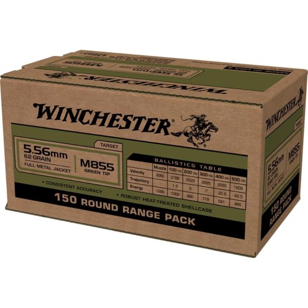 Winchester USA Lake City M855 Green Tip Rifle Ammunition 5.56mm 62 gr. FMJ 1255 fps 150/ct - Precision Shot Firearms