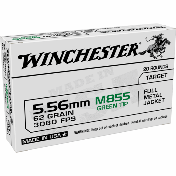Winchester USA Lake City M855 Green Tip Rifle Ammunition 5.56mm 62 gr. FMJ 3060 fps 1000/ct Case (50-20rd Boxes) - Precision Shot Firearms