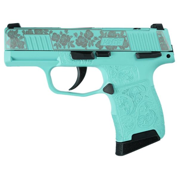 Sig Sauer Exclusive "Robin's Egg Blue and Roses" P365-380 Handgun 380 Auto 10rd Magazine 3.1" Barrel Black Manual Safety - Precision Shot Firearms