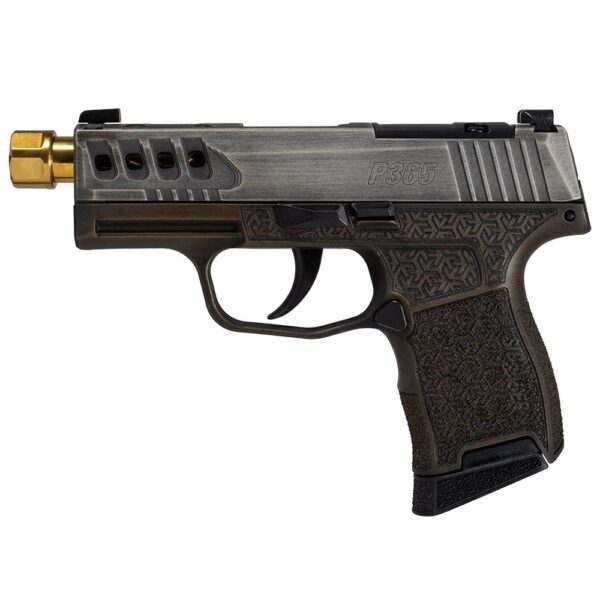 Sig Sauer P365 "Gold Bug" Handgun 9mm luger 10rd Magazines(2) 3.7" Threaded Gold Barrel Tactical Cut Distressed Grey Slide/Brown Grip Octagon Stippling - Precision Shot Firearms