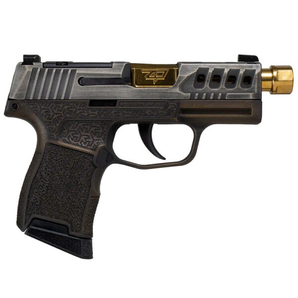 Sig Sauer P365 "Gold Bug" Handgun 9mm luger 10rd Magazines(2) 3.7" Threaded Gold Barrel Tactical Cut Distressed Grey Slide/Brown Grip Octagon Stippling - Precision Shot Firearms