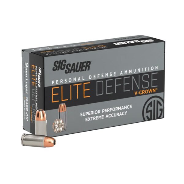 Sig Sauer Elite V-Crown Handgun Ammunition 9mm Luger 124gr JHP 1165 fps 50/ct - Precision Shot Firearms