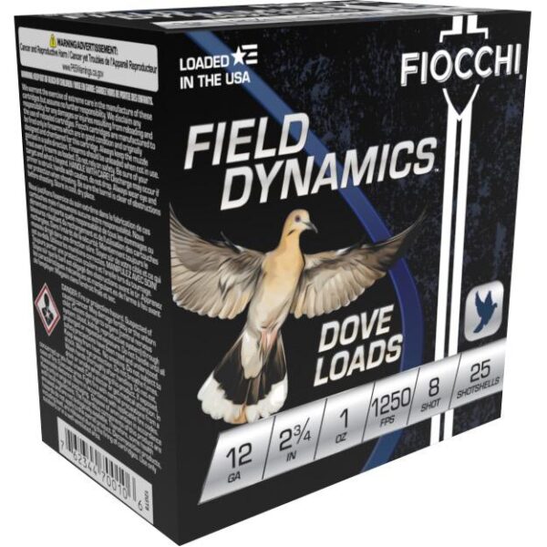 Fiocchi Field Dynamics Dove & Quail Shotshells 12ga 2-3/4" 1oz 1250 fps #8 25/ct - Precision Shot Firearms