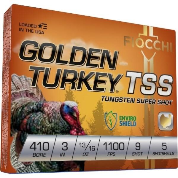 Fiocchi Golden Turkey Tungsten TSS Shotshells 410 ga 3" 13/16oz 1100 fps #9 5/ct - Precision Shot Firearms