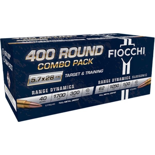 Fiocchi Target & Training Combo Pack Ammunition 5.7x28mm 40gr FMJ 1700fps 150/ct(2) & 62gr FMJ 1050fps 50/ct(2) (400/ct Total) - Precision Shot Firearms