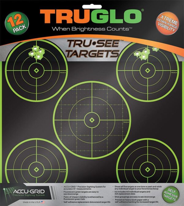 TRUGLO TRU-SEE Self Adhesive Targets - 5 Bullseye 12x12 Green 12 Pack - Precision Shot Firearms