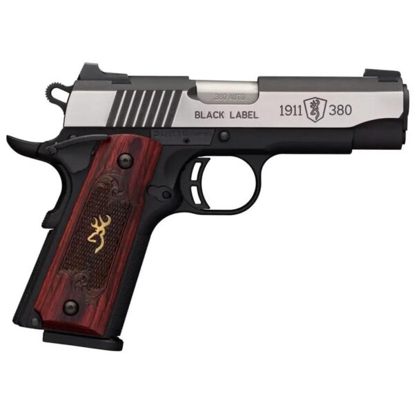 Browning 1911 380 Black Label Medallion Pro Handgun 380 ACP 8rd Magazine 3.625" Barrel Black with Silver Slide and Wood Grip Night Sights - Precision Shot Firearms