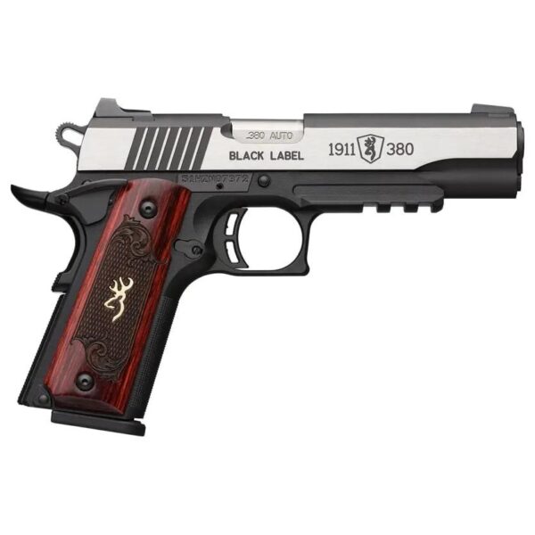 Browning 1911 380 Black Label Medallion Pro Handgun 380 ACP 8rd Magazine 4.25" Barrel Black with Silver Slide and Wood Grip Night Sights Accessory Rail - Precision Shot Firearms