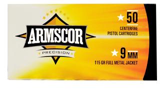 Armscor Handgun Ammunition 9mm Luger 115 gr FMJ 1097 fps 50/ct - Precision Shot Firearms