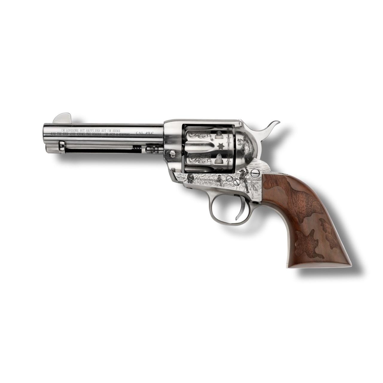 EMF Cowpoke Revolver .45 Colt 6rd Capacity 4.75" Barrel Nickel Finish Engraved Cowhide Walnut Grip - Precision Shot Firearms