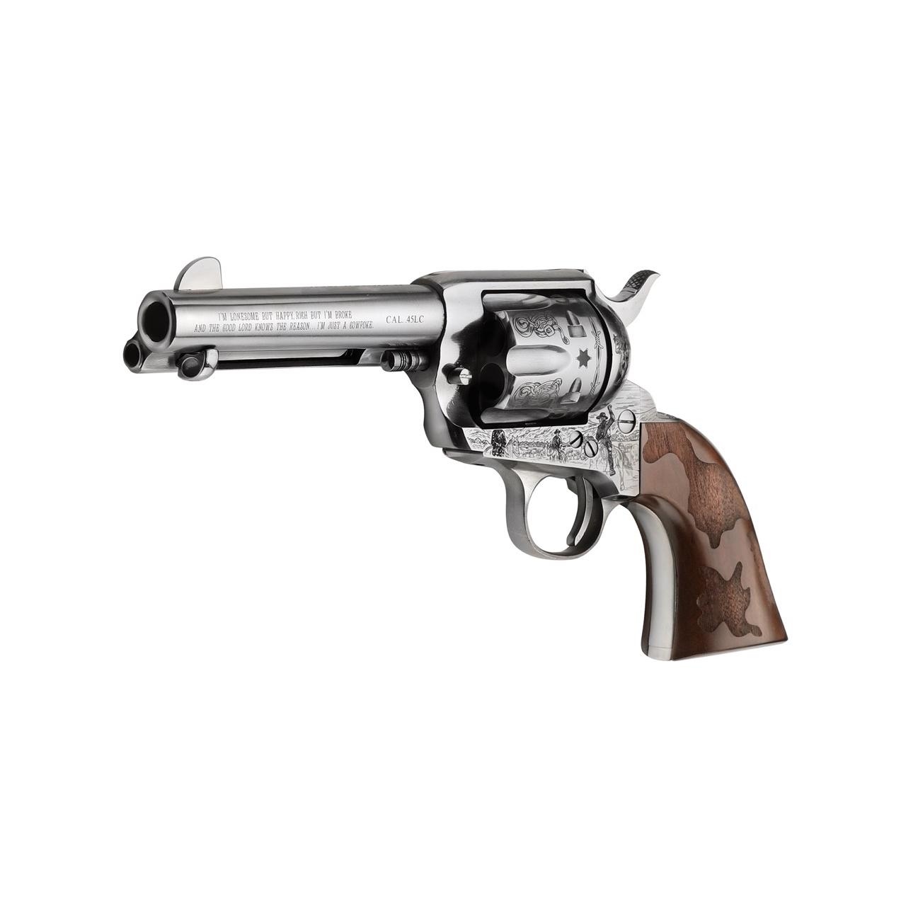 EMF Cowpoke Revolver .45 Colt 6rd Capacity 4.75" Barrel Nickel Finish Engraved Cowhide Walnut Grip - Precision Shot Firearms