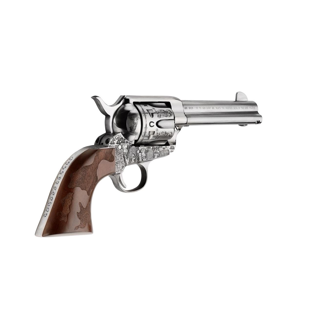 EMF Cowpoke Revolver .45 Colt 6rd Capacity 4.75" Barrel Nickel Finish Engraved Cowhide Walnut Grip - Precision Shot Firearms