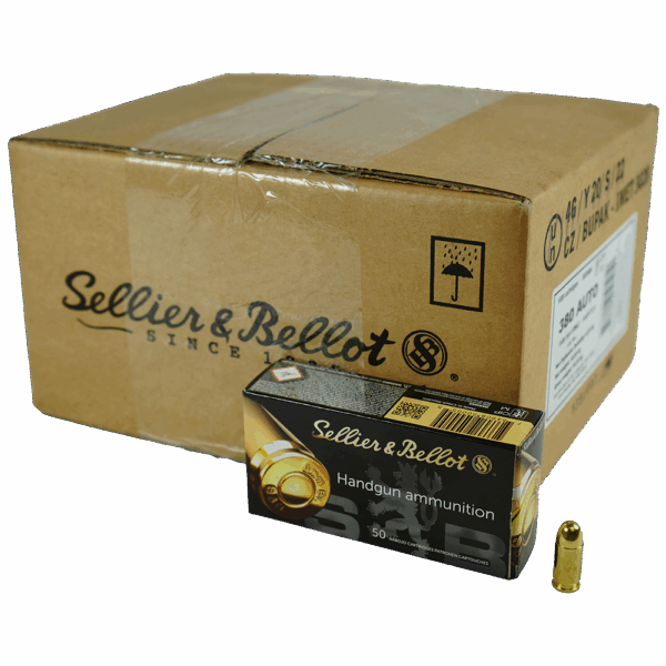 Sellier & Bellot Pistol & Revolver Ammo .380 ACP 92 gr FMJ 955fps 1000/ct Case (20 boxes 50/ct) - Precision Shot Firearms