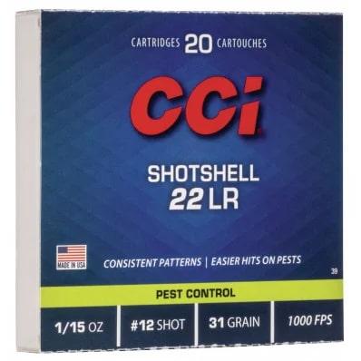 CCI Rimfire Shotshell Ammunition .22 LR 1/15 oz #12 31 gr 1000 fps 2000/ct (100-20/ct Boxes) - Precision Shot Firearms