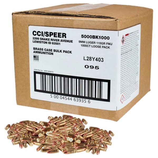 CCI Blazer Brass Handgun Ammunition 9mm Luger 115 gr FMJ 1145 fps 1000/ct Loose Pack - Precision Shot Firearms