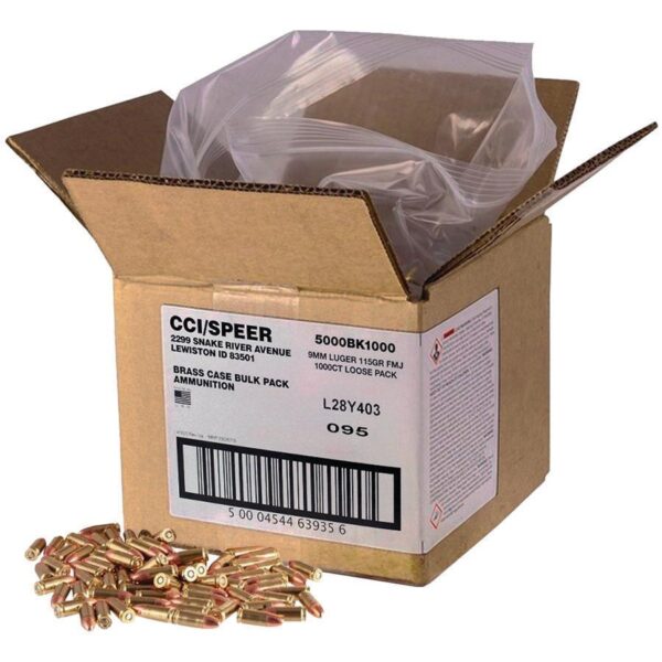 CCI Blazer Brass Handgun Ammunition 9mm Luger 115 gr FMJ 1145 fps 1000/ct Loose Pack - Precision Shot Firearms