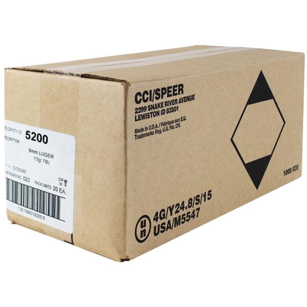 CCI Blazer Brass Handgun Ammunition 9mm Luger 115 gr. FMJ 1145 fps 1000/ct Case (20-50ct Boxes) - Precision Shot Firearms