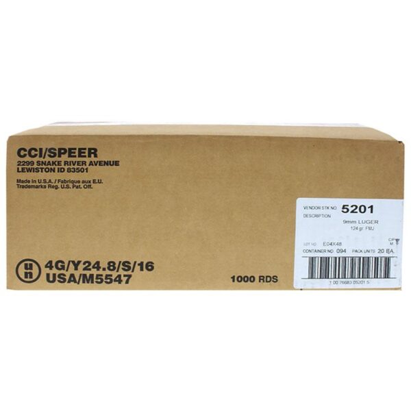 CCI Blazer Brass Handgun Ammunition 9mm Luger 124 gr. FMJ 1090 fps 1000/ct (20-50/ct) - Precision Shot Firearms