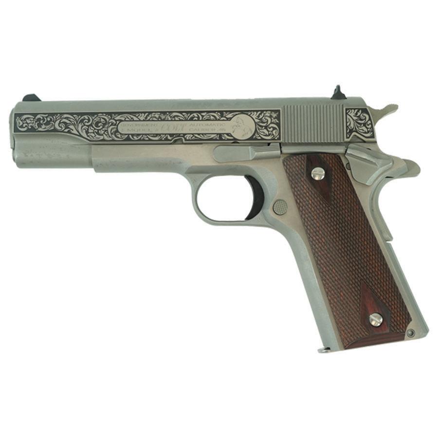 Colt Government Filigree Frame and Barrel Model Handgun .45 Auto 7rd Magazine 5" Barrel Stainless Finish - Precision Shot Firearms