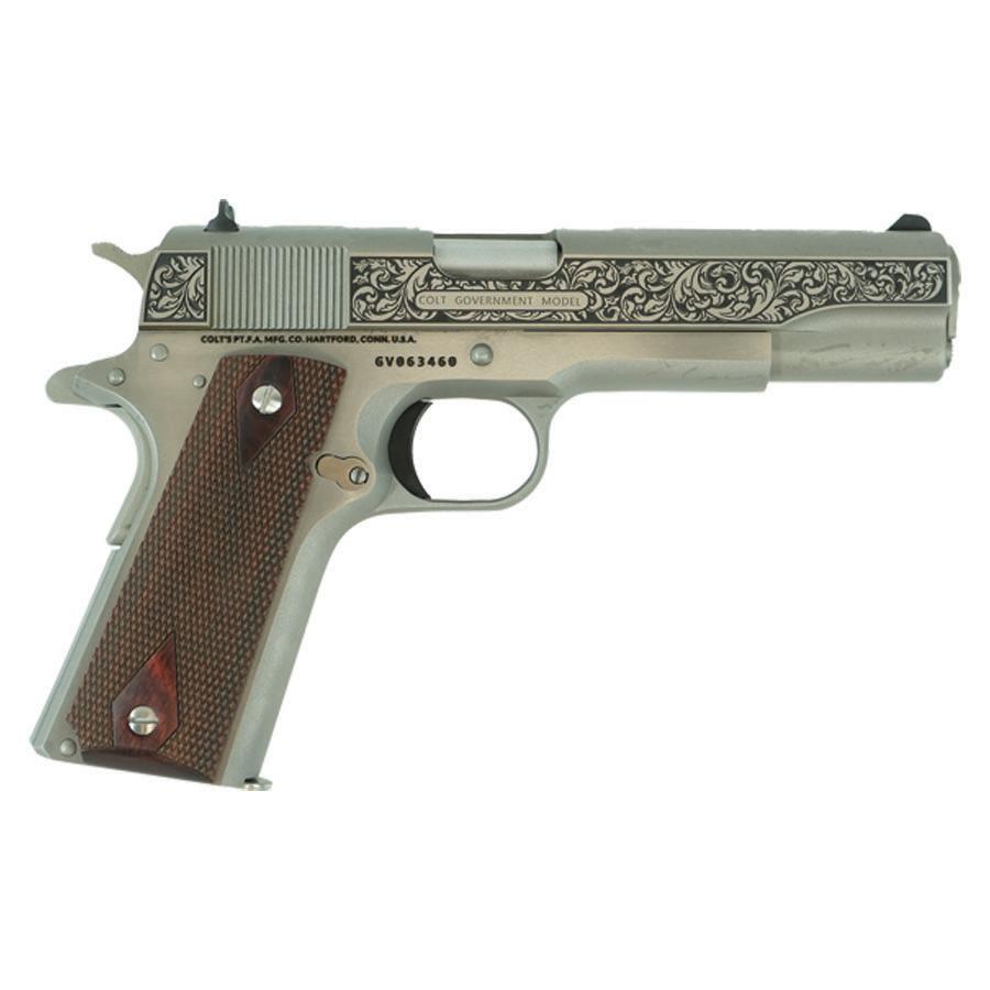 Colt Government Filigree Frame and Barrel Model Handgun .45 Auto 7rd Magazine 5" Barrel Stainless Finish - Precision Shot Firearms