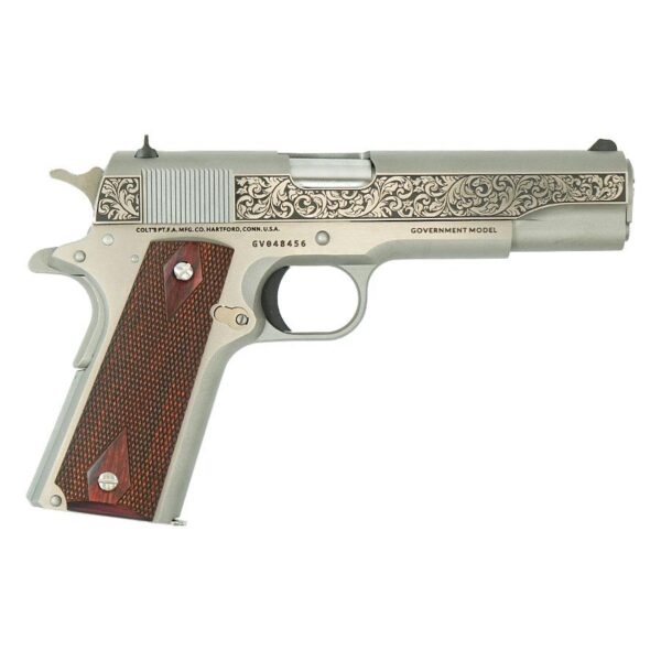 Colt Government Model "Filigree Frame and Barrel" Handgun .45 ACP 7rd Magazine 5" Barrel Stainless Frame - Precision Shot Firearms