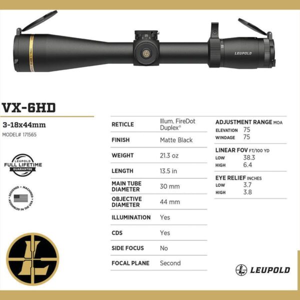 Leupold VX-6HD Rifle Scope 3-18x44mm 30mm SFP T-MOA Illum. Matte Black - Precision Shot Firearms