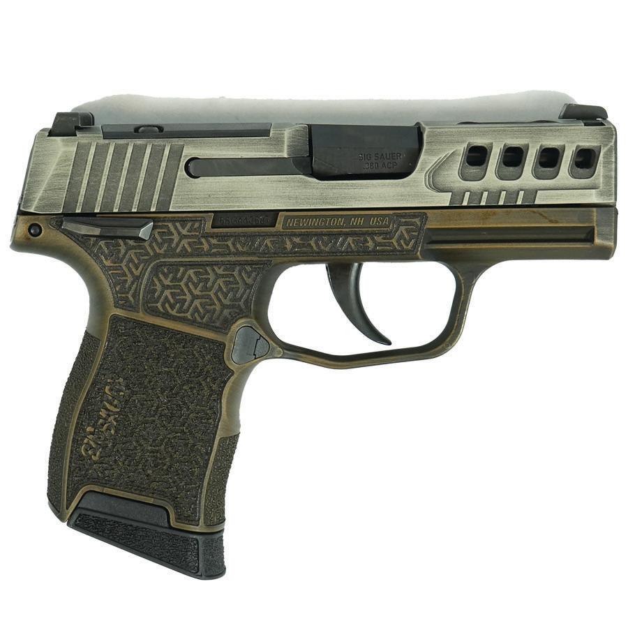 Sig Sauer Distressed Gray Slide/Brown Octagon Grip P365-380 Handgun 380 Auto 10rd Magazine 3.1" Barrel Black Manual Safety - Precision Shot Firearms
