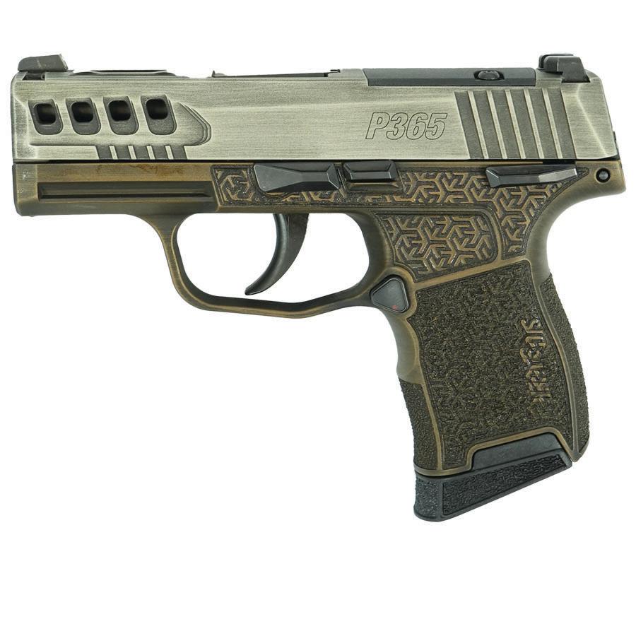 Sig Sauer Distressed Gray Slide/Brown Octagon Grip P365-380 Handgun 380 Auto 10rd Magazine 3.1" Barrel Black Manual Safety - Precision Shot Firearms