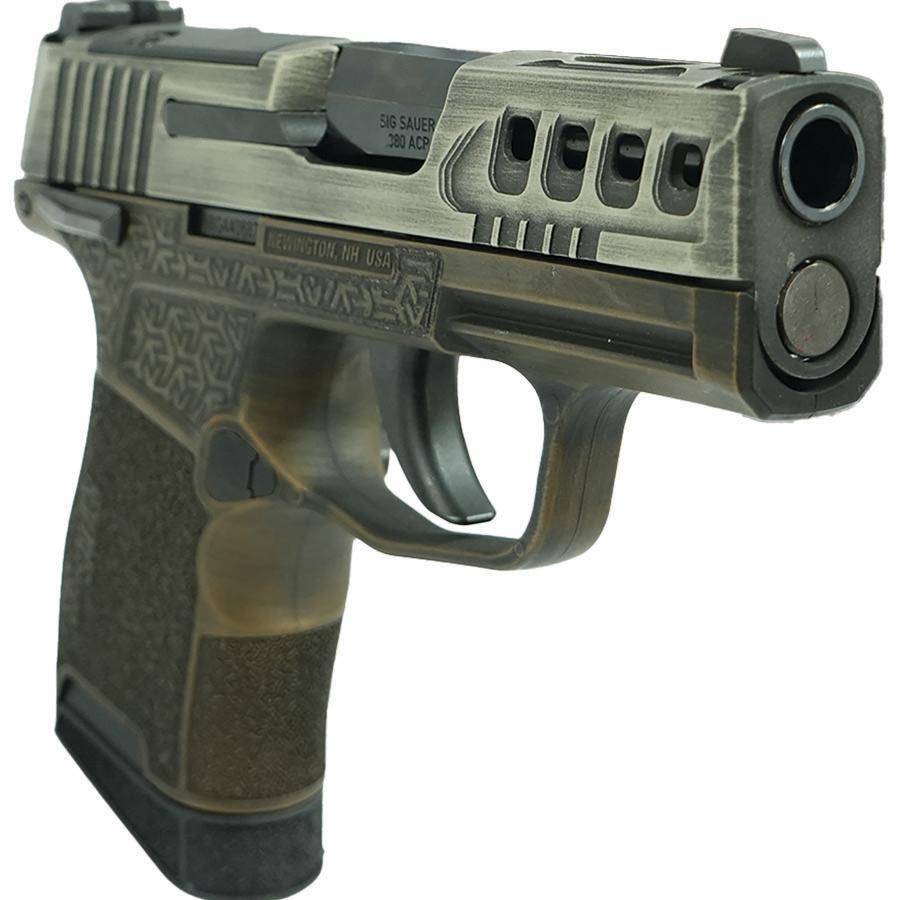 Sig Sauer Distressed Gray Slide/Brown Octagon Grip P365-380 Handgun 380 Auto 10rd Magazine 3.1" Barrel Black Manual Safety - Precision Shot Firearms